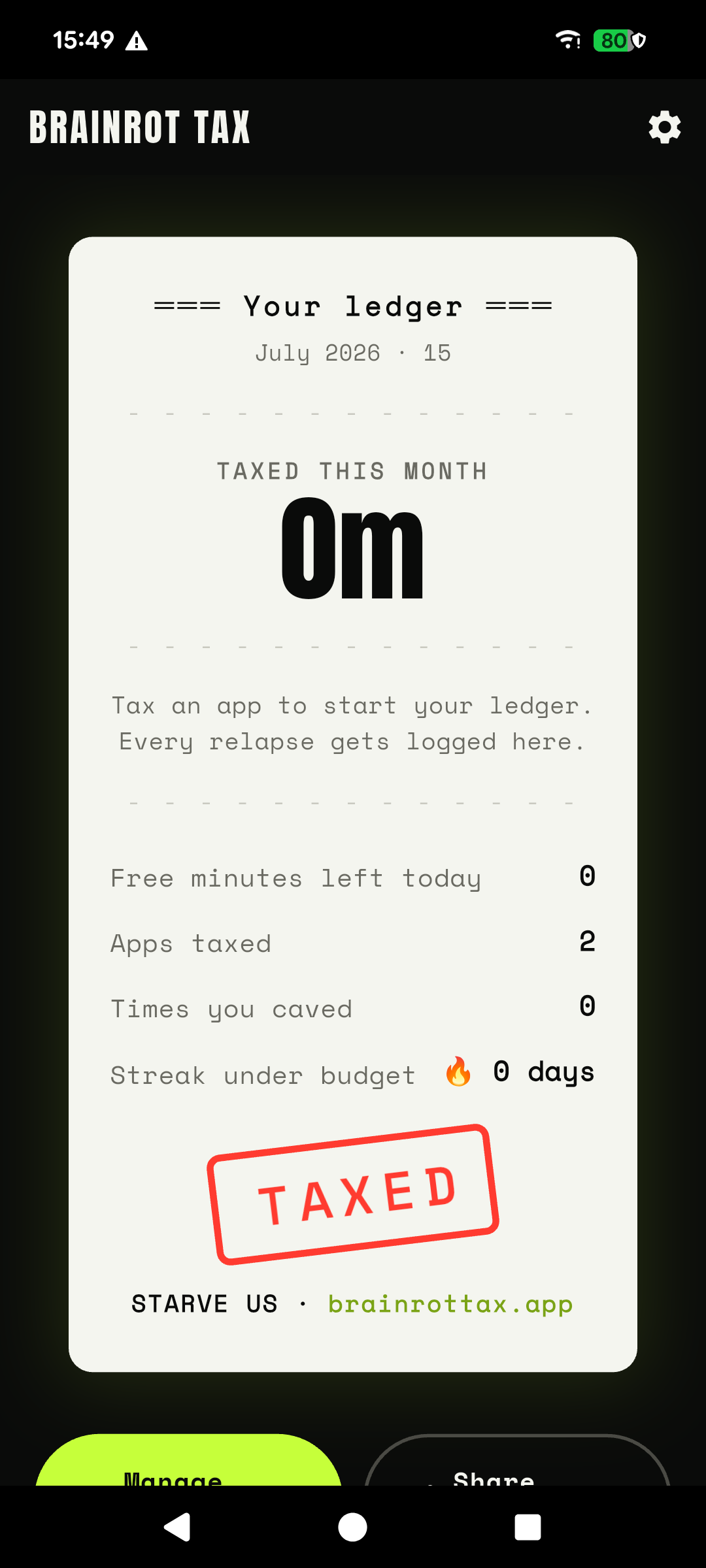 The Brainrot Tax receipt showing minutes taxed this month and times you caved